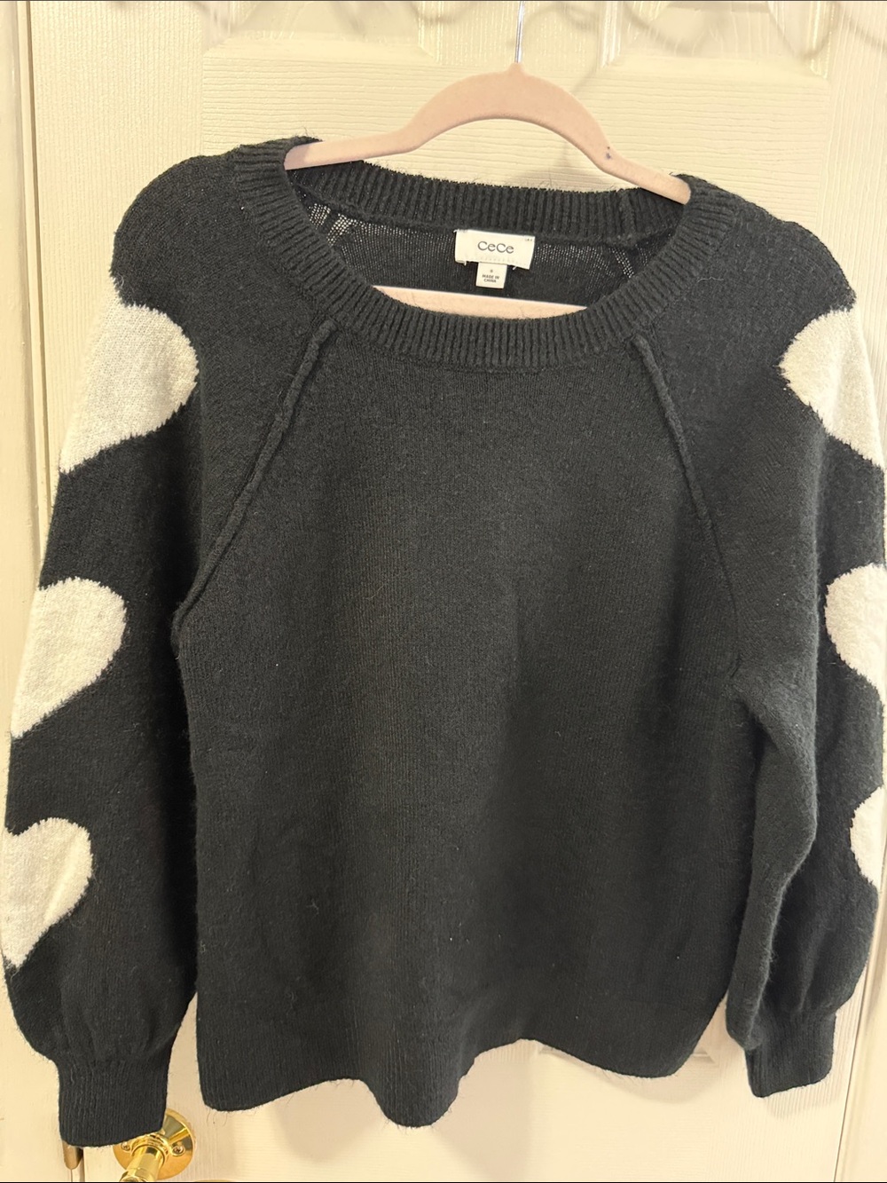 CeCe Black Heart-Sleeve Crewneck Sweater Size S